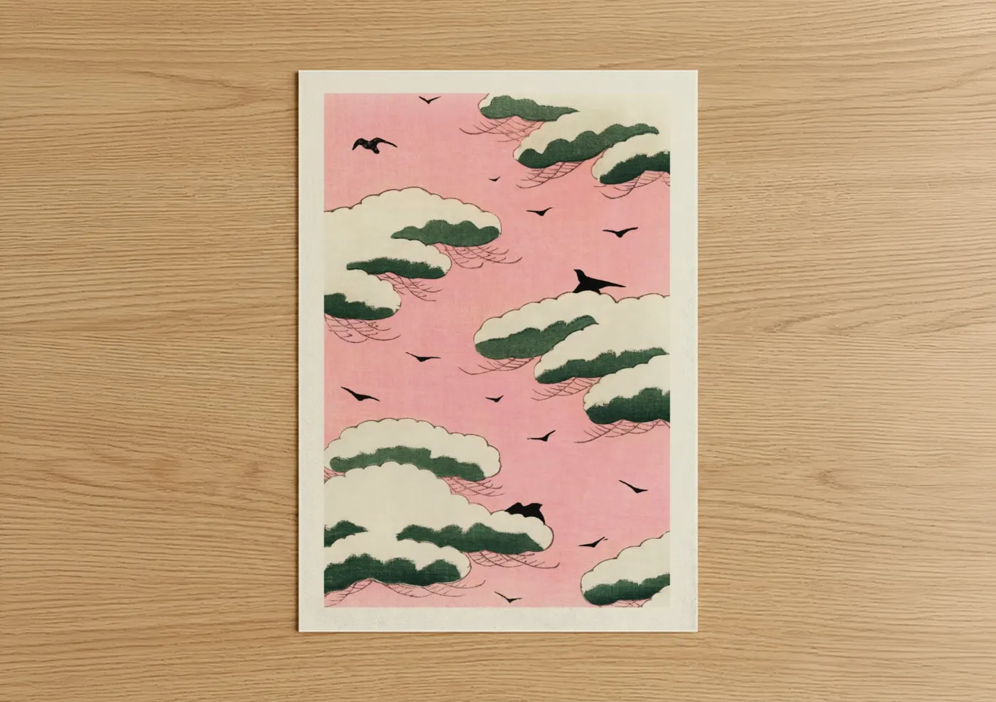 Pink sky with clouds and flying birds Wall Art