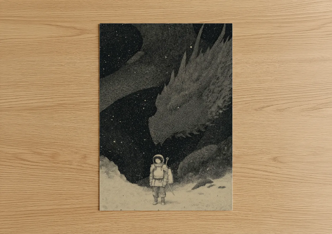 Kids magic and fantasy art print on warm oak wood — black and white and gray palette — Lunar Explorer poster