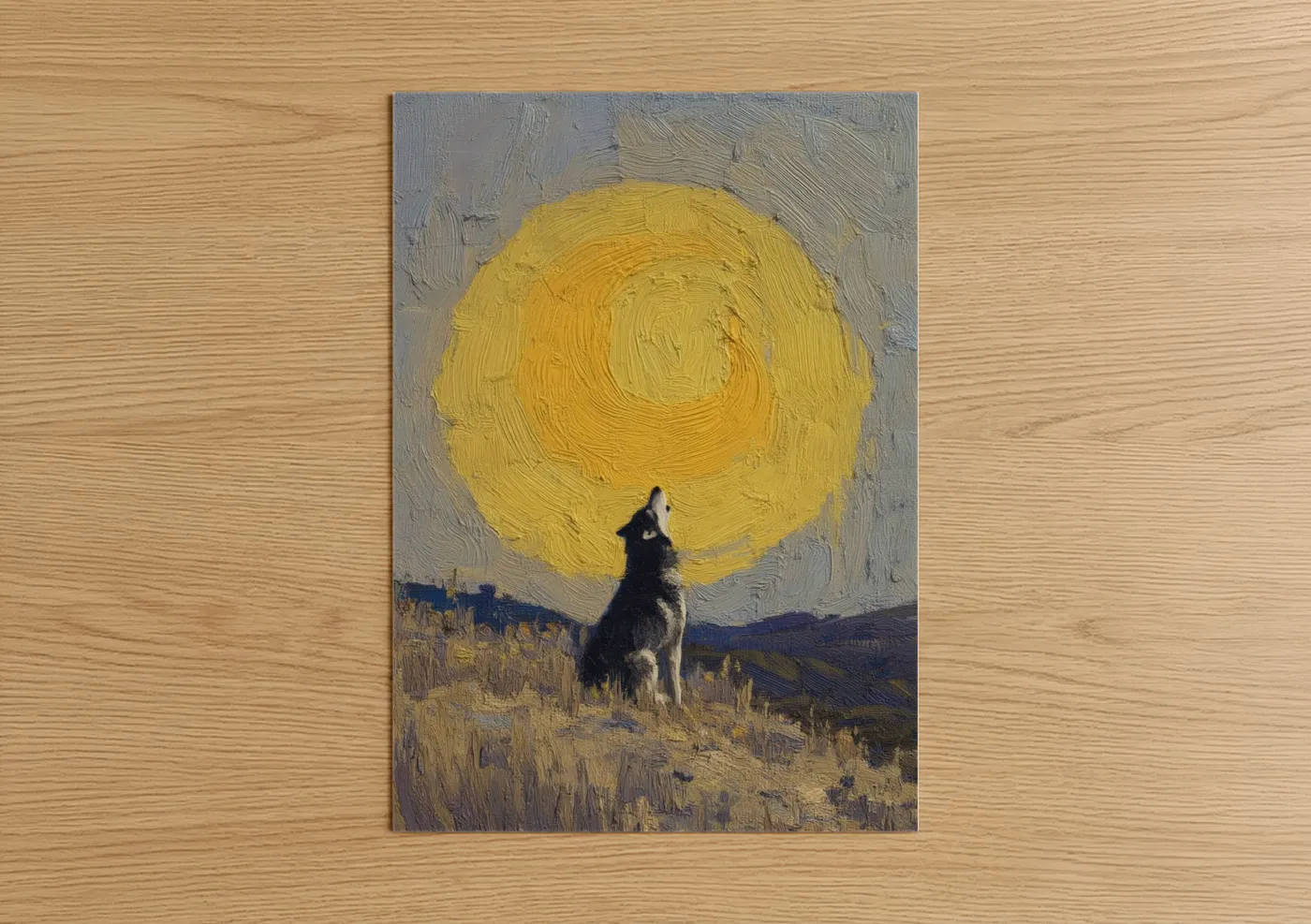 Husky Howling at Full Moon Oil Painting Wall Art