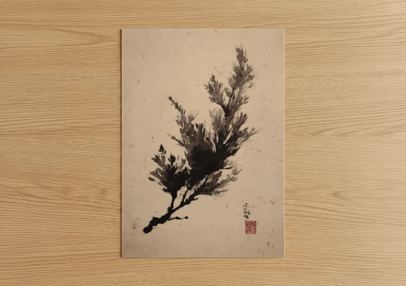 Juniper tree art print on warm oak wood — black and white and beige palette — Brushstroke Juniper poster