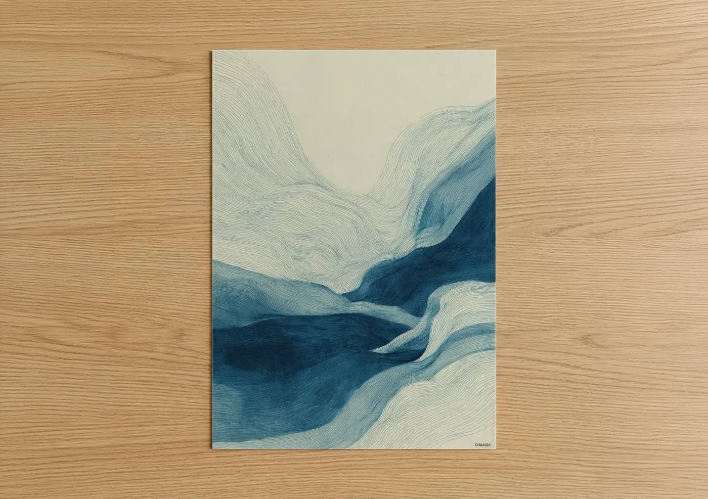 Jiu jutsu art print on warm oak wood — blue and cream palette — Flowing Movement Abstract poster