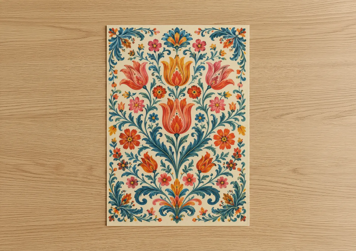 Art print on warm oak wood — orange and blue palette — Vintage Floral Tulip Pattern Wall Art poster