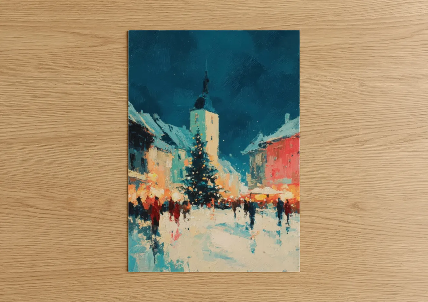 Art print on warm oak wood — blue and gold and teal palette — Snowy Christmas Square poster