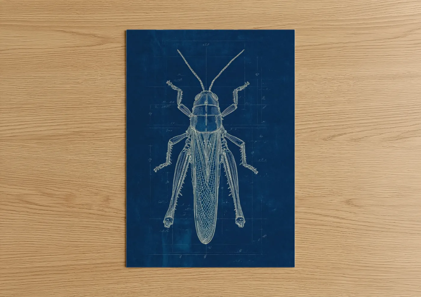 Art print on warm oak wood — dark blue and white palette — Blueprint Grasshopper poster