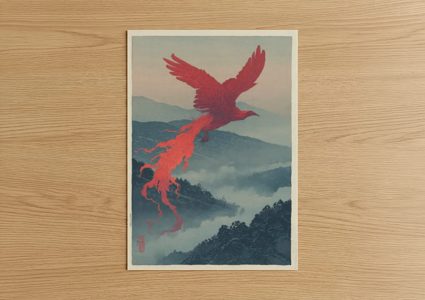 Crimson Phoenix Rising Mountains Wall Art