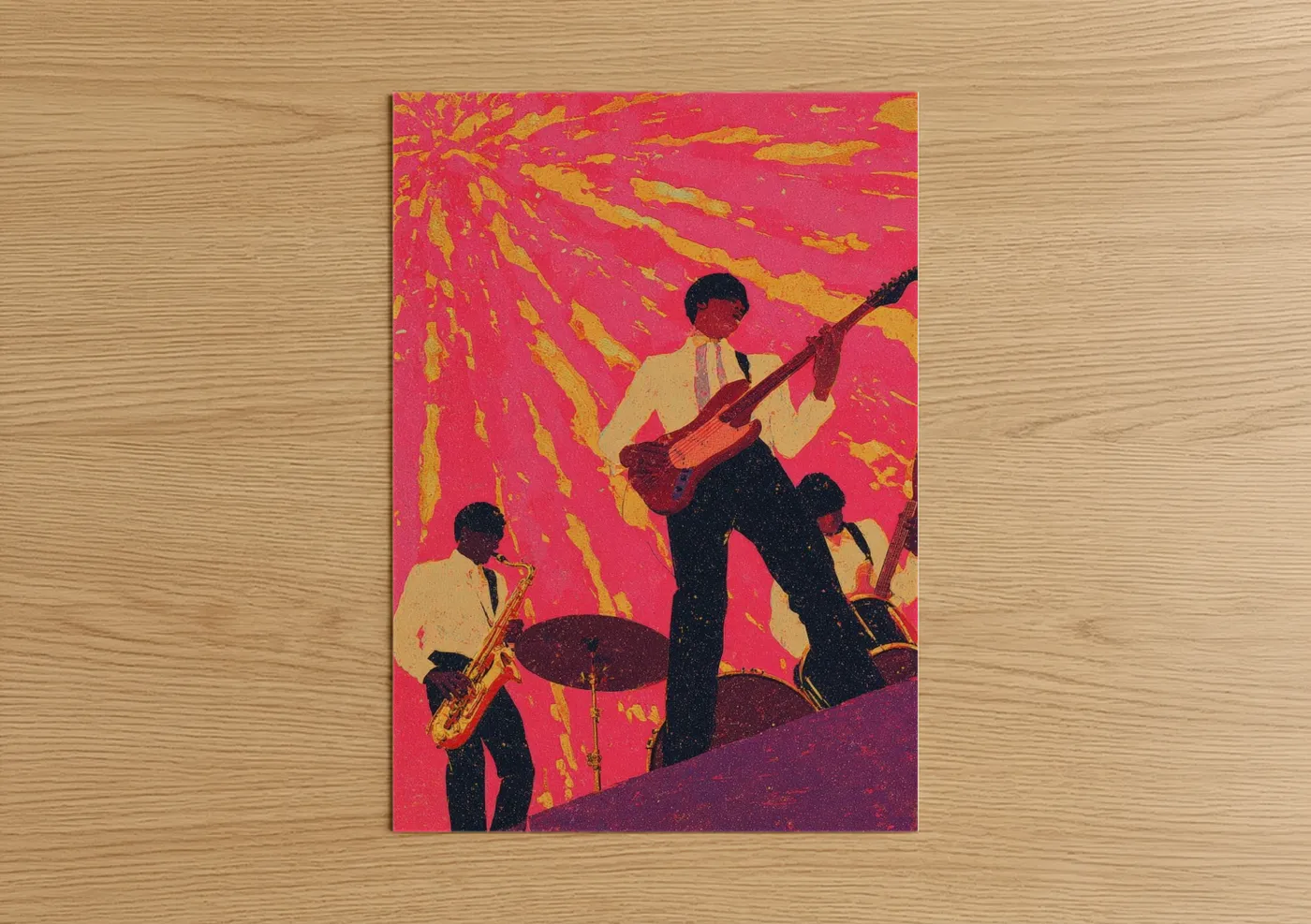 Funk art print on warm oak wood — magenta and yellow gold palette — Groovy Jazz Trio poster