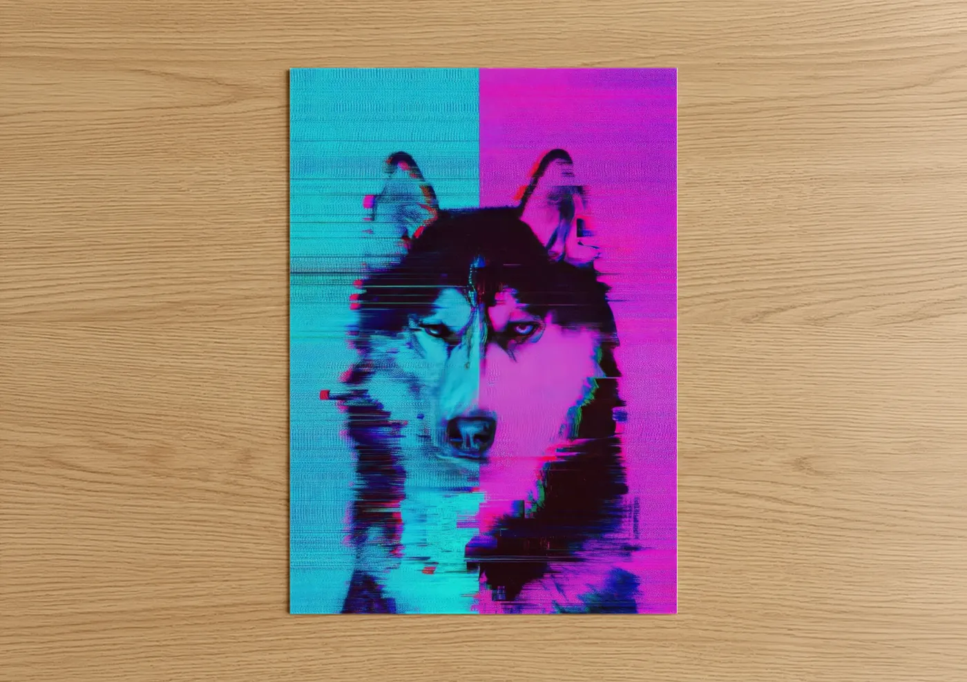 Art print on warm oak wood — blue and magenta palette — Neon Husky Portrait poster