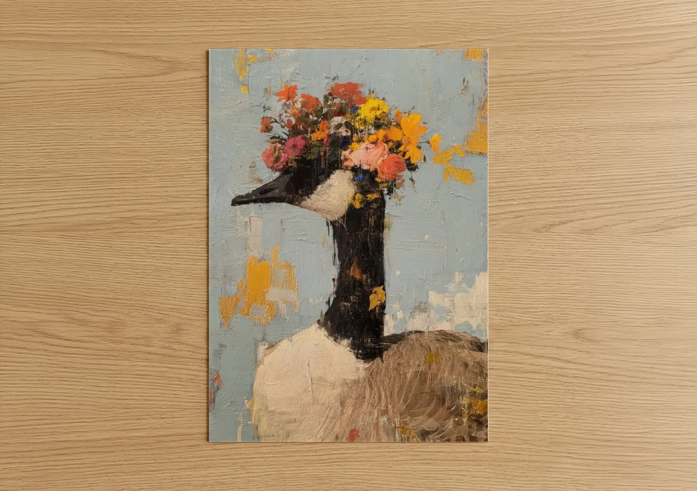 Geese art print on warm oak wood — gold and peach palette — Floral Goose poster
