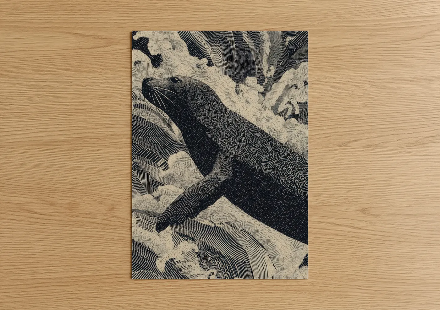 Resting Seal Black and White Engraving Wall Art