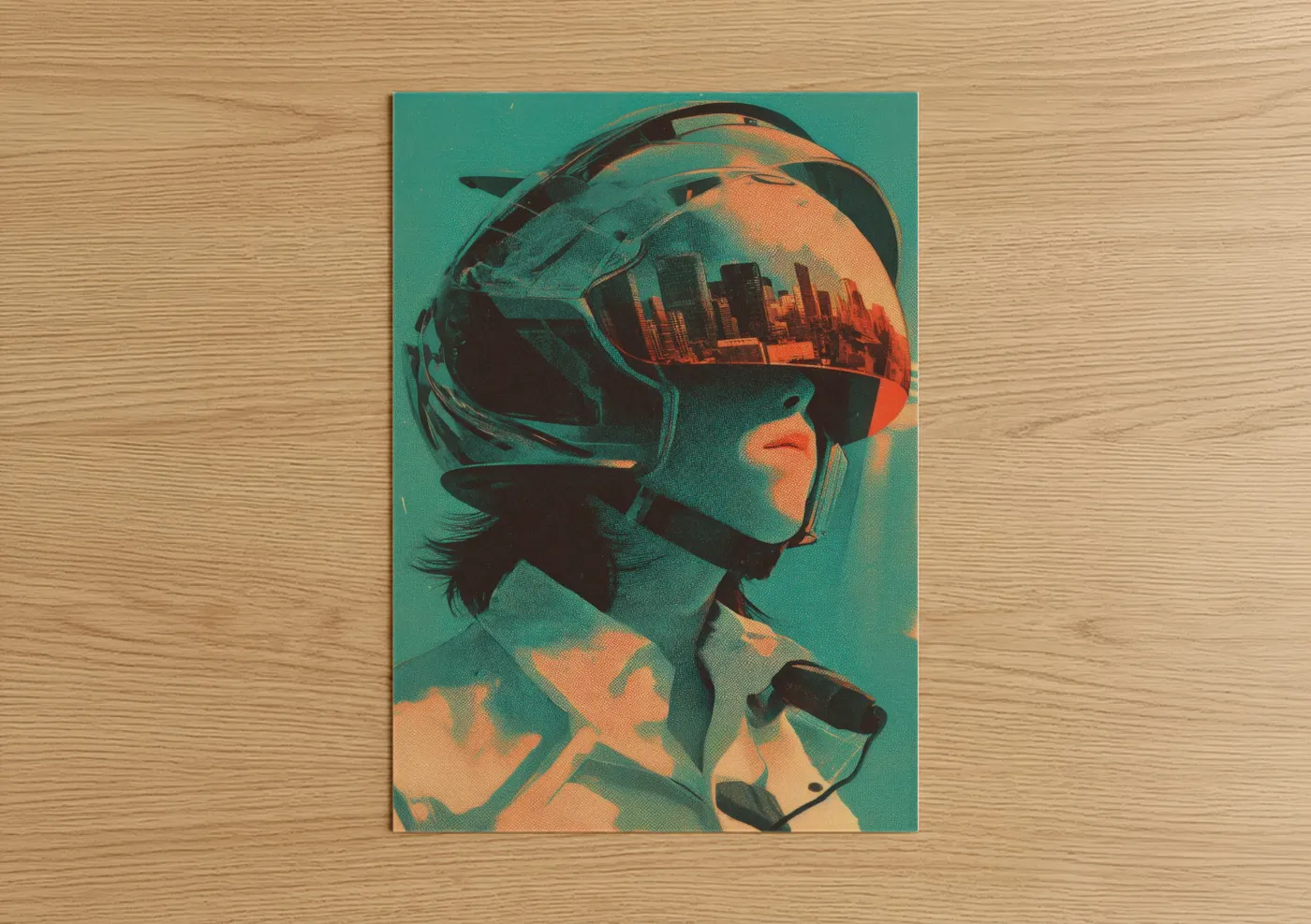 Japanese retrofuturism art print on warm oak wood — teal and orange palette — Cyber Visor poster