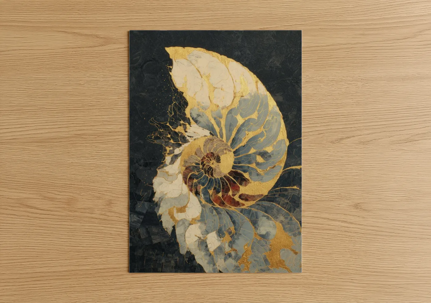 Art print on warm oak wood — gold and black and gold palette — Golden Nautilus poster