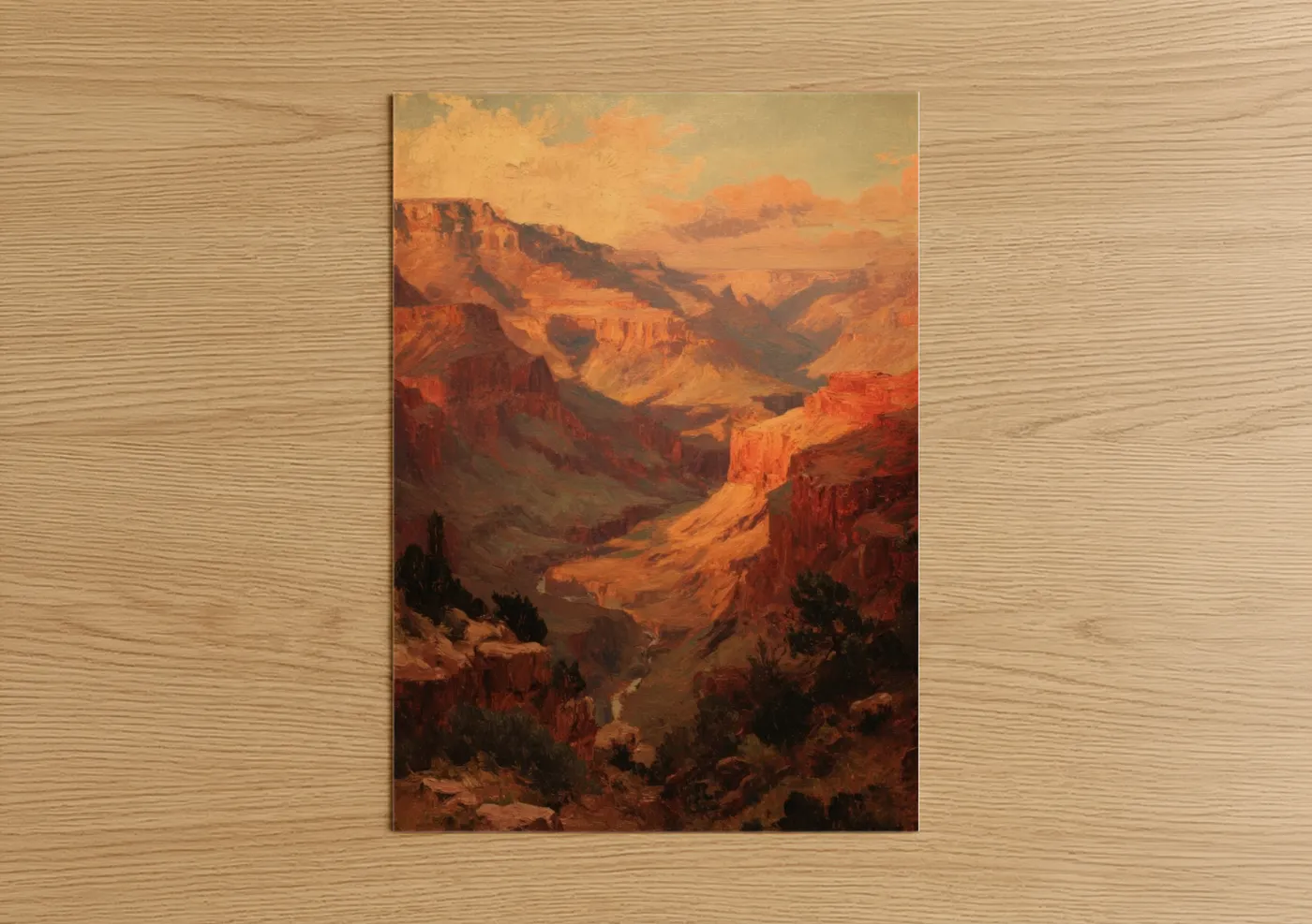 Art print on warm oak wood — gold and russet palette — Golden Canyon Sunset poster