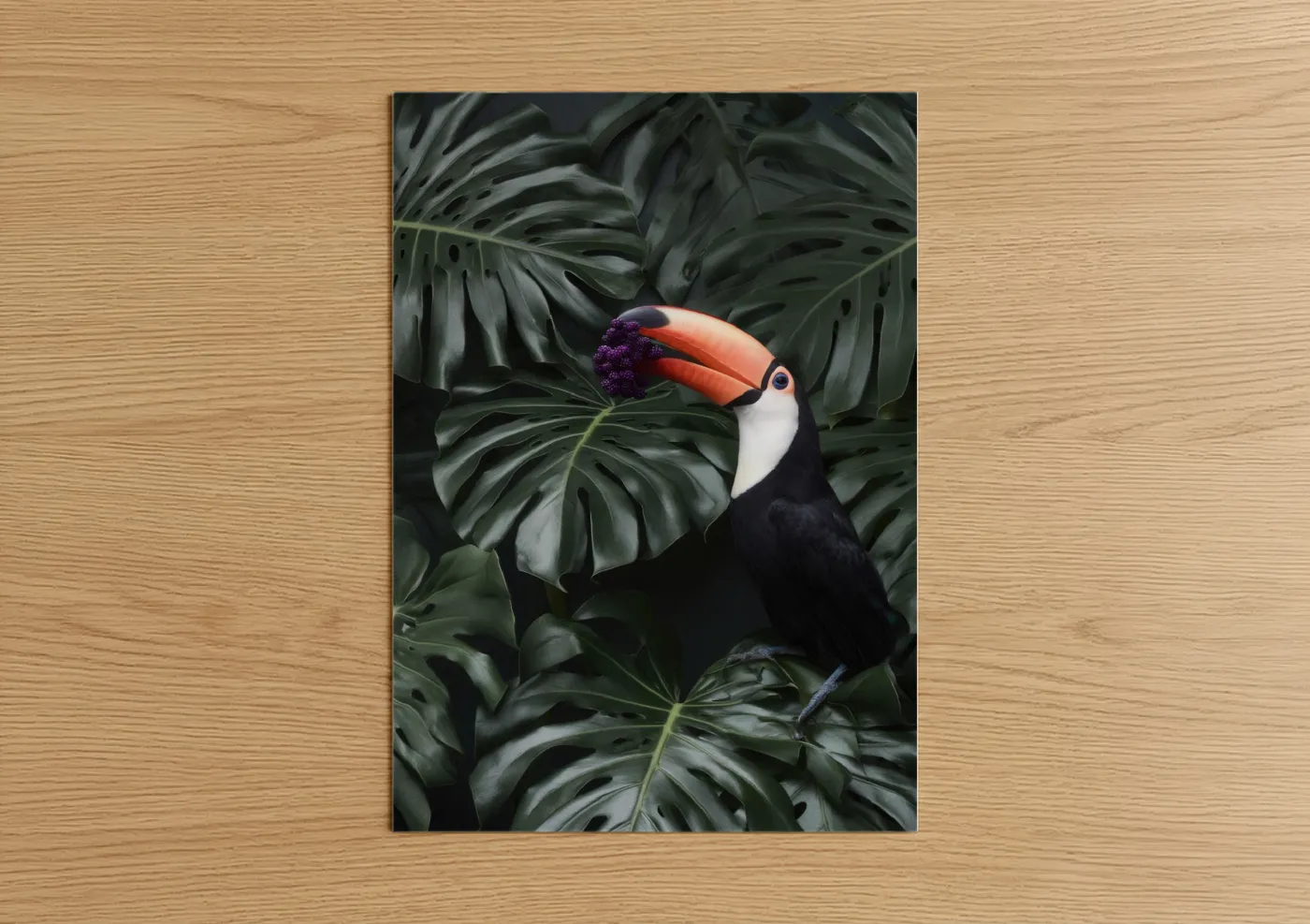 Art print on warm oak wood — dark green and orange palette — Tropical Toucan poster