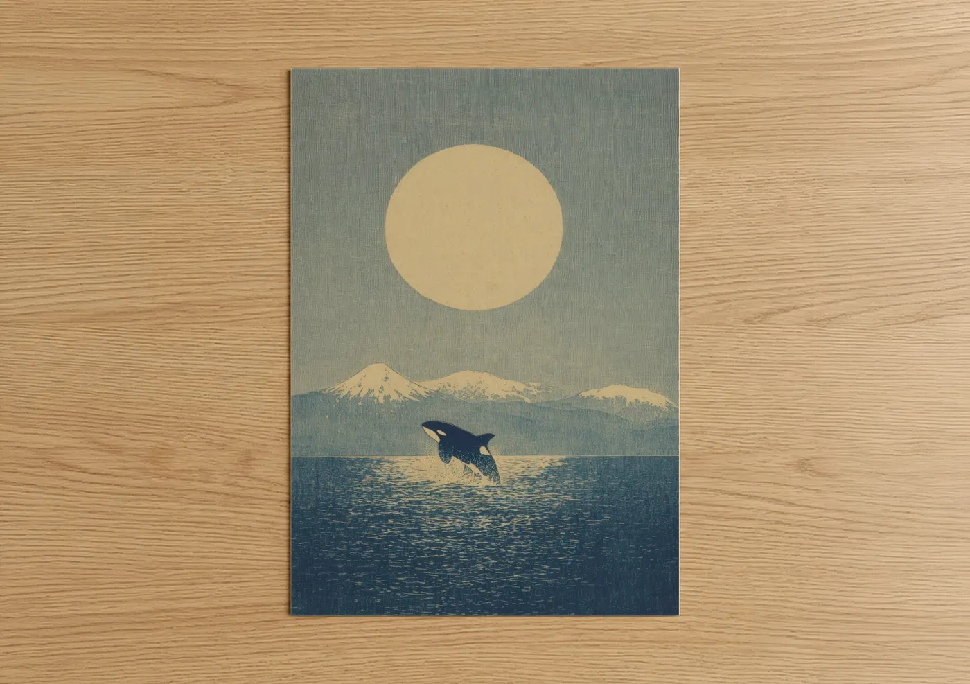 Orca whale art print on warm oak wood — blue and gold and gray palette — Moonlit Orca poster