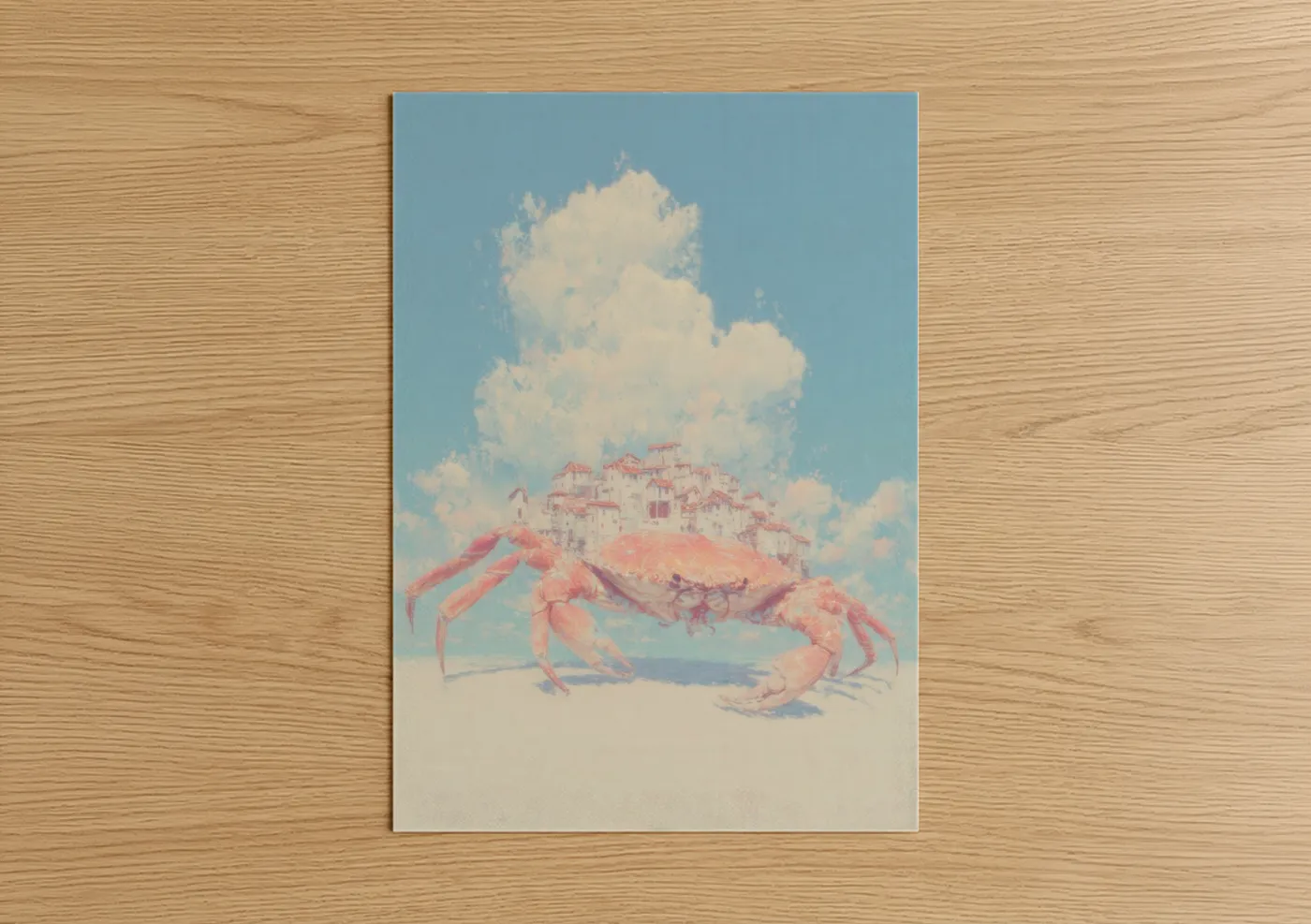 Art print on warm oak wood — blue and white and salmon pink palette — Castle Crab poster