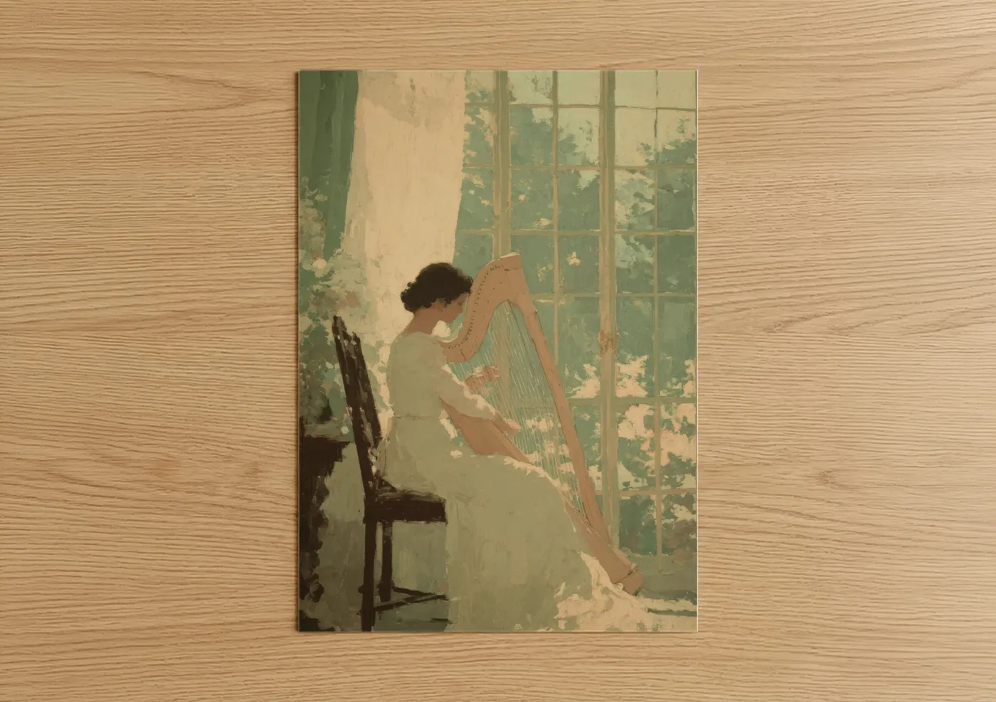 Art print on warm oak wood — sage green and cream palette — Harp Musician Portrait poster