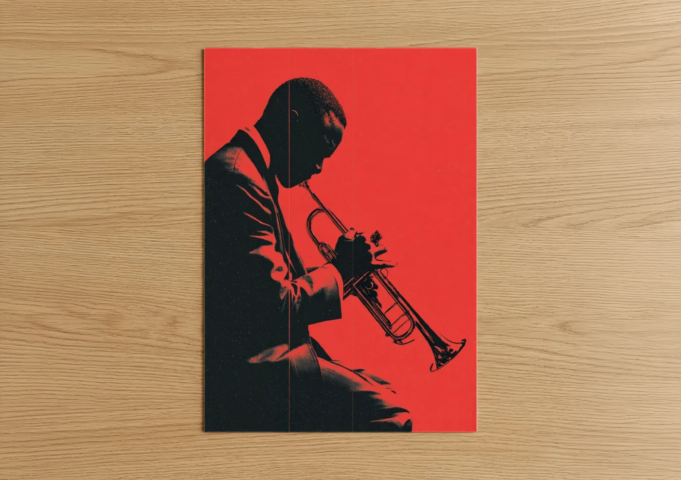 Musician art print on warm oak wood — red and black palette — Jazz Trumpet Player poster
