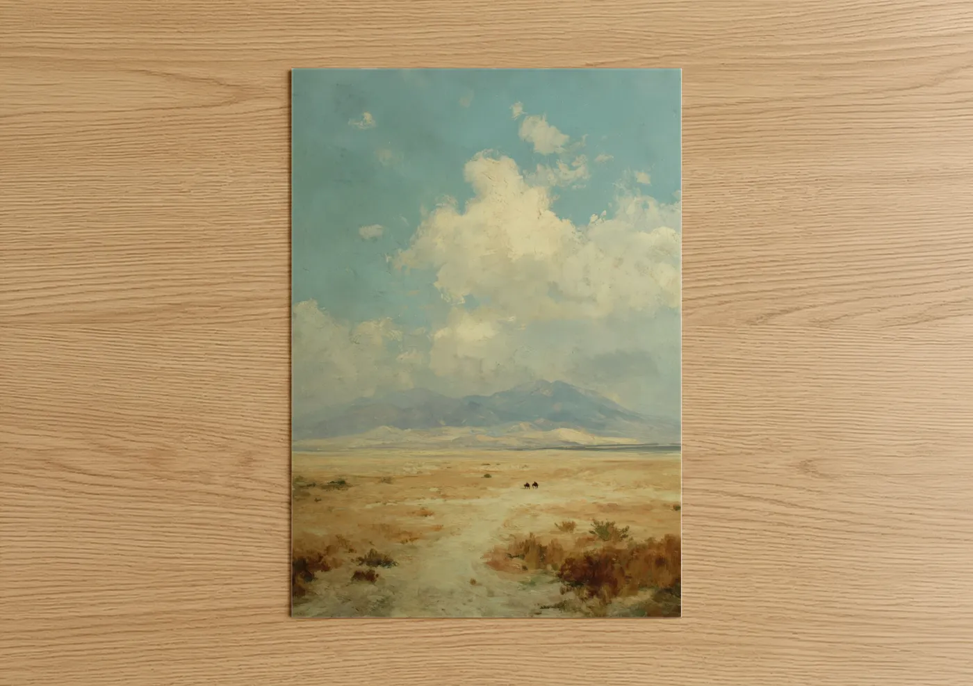 Dune art print on warm oak wood — sage green and cream palette — Desert Mountain Vista poster