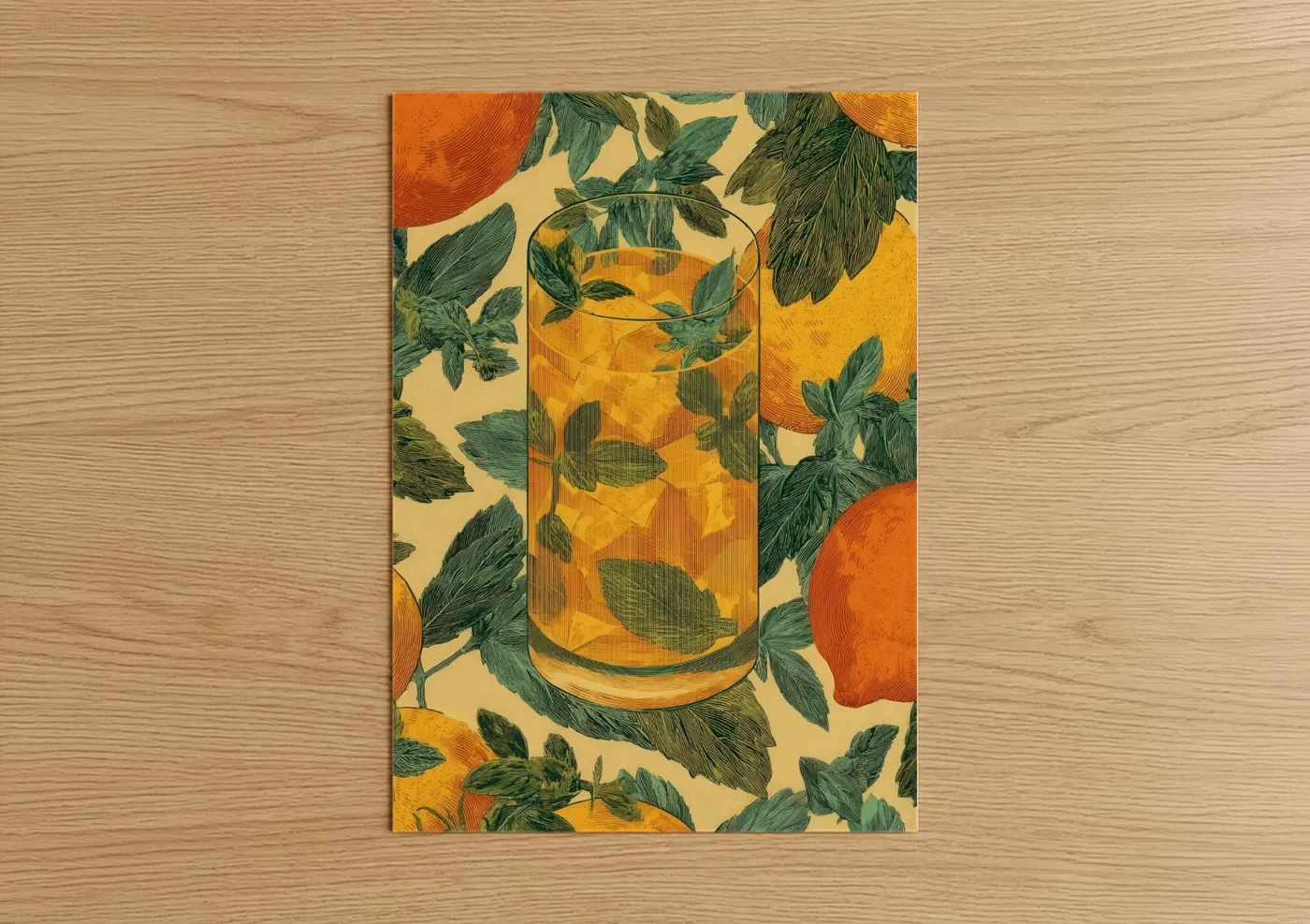 Art print on warm oak wood — gold and dark green palette — Citrus Iced Tea poster