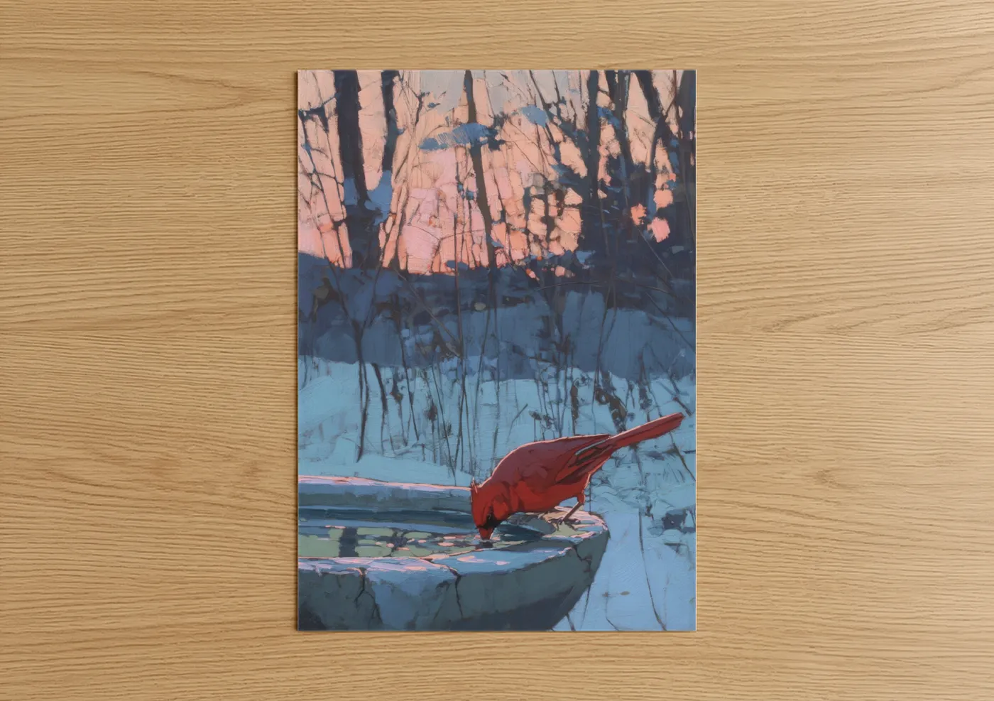Art print on warm oak wood — blue and peach palette — Winter Cardinal poster