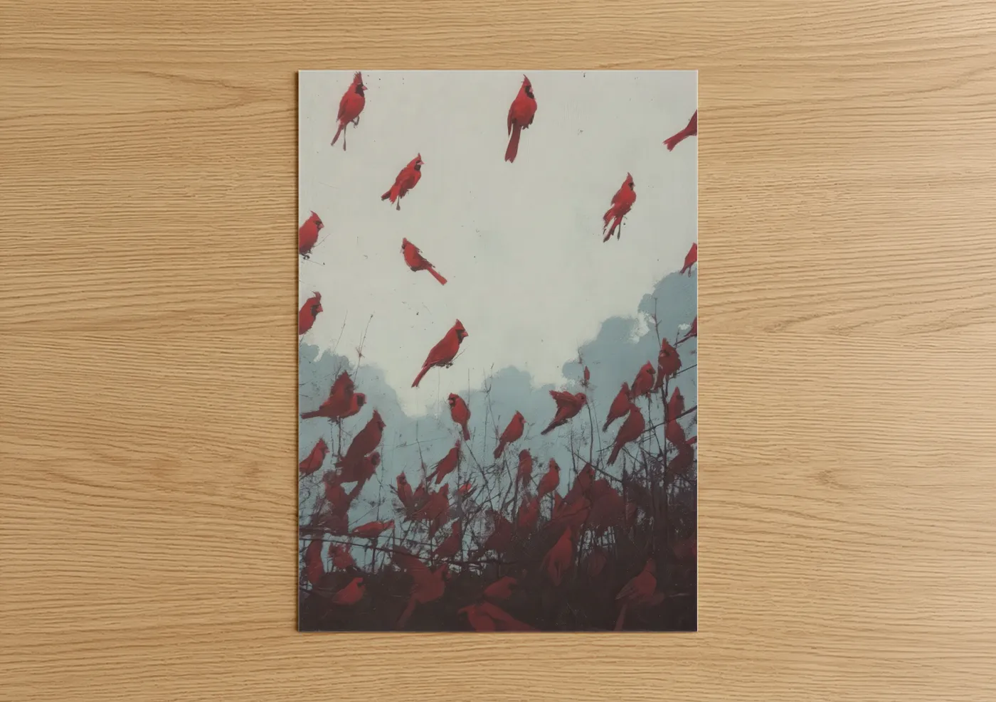 Red Cardinal Flock Misty Nature Wall Art