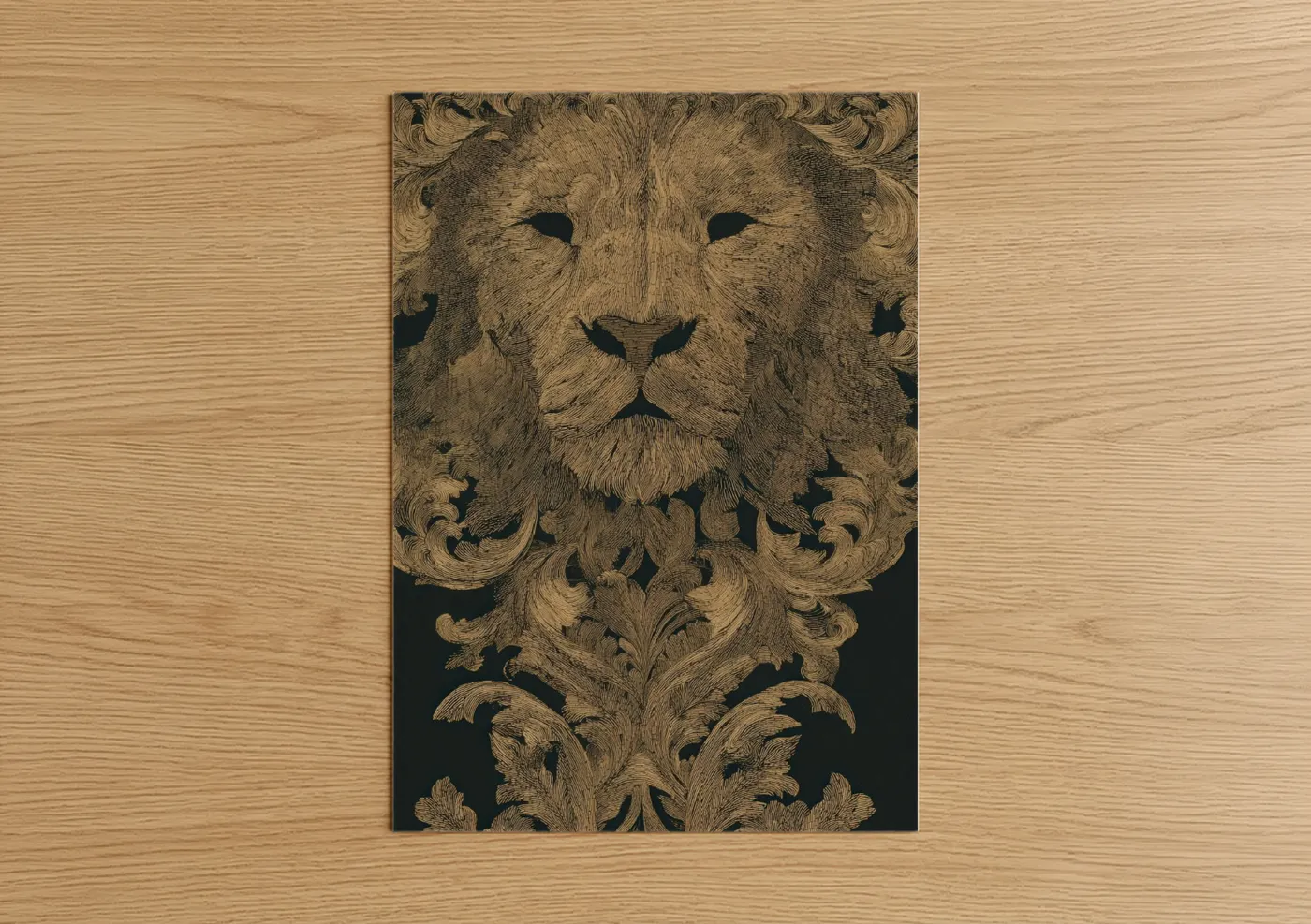 Art print on warm oak wood — black and gold palette — Ornamental Leo poster
