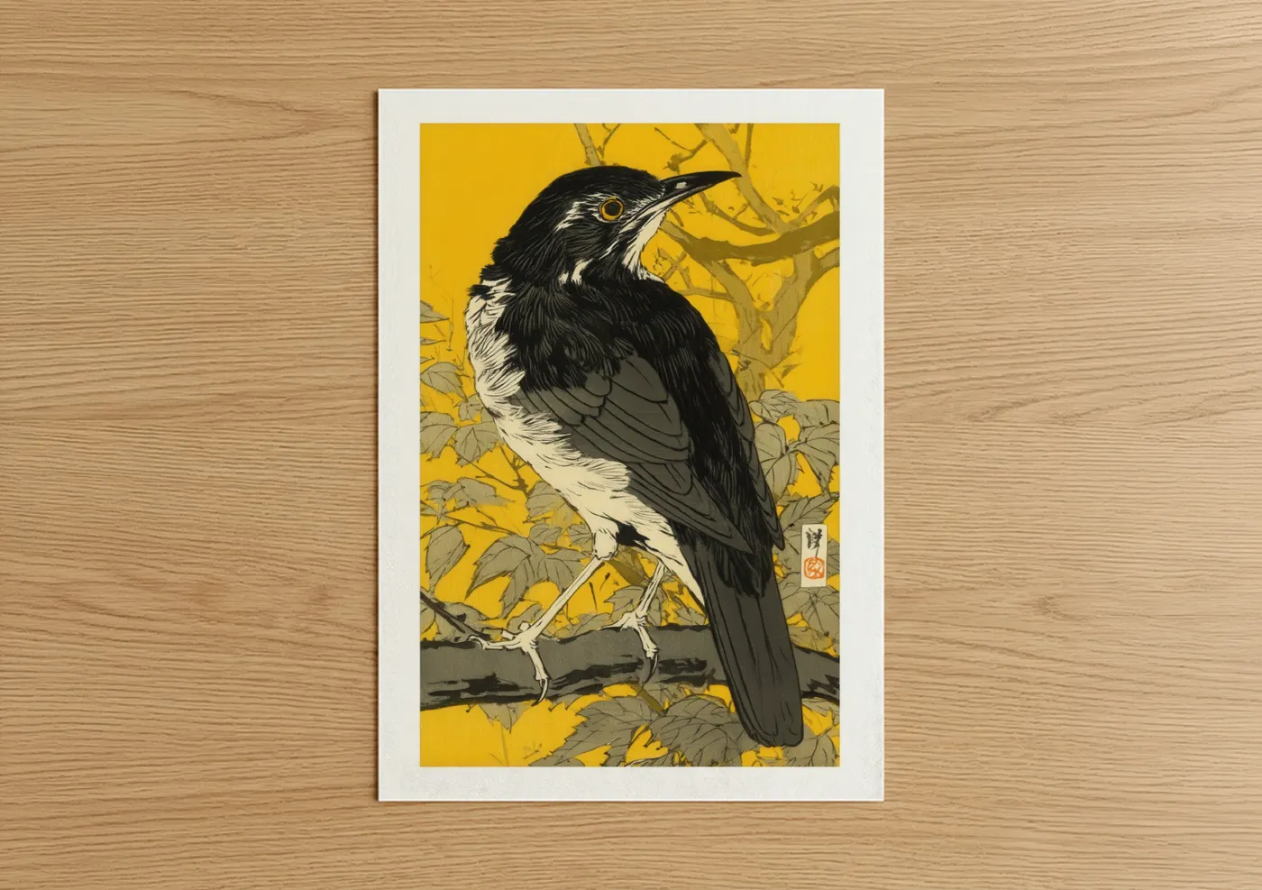 Art print on warm oak wood — gold and black and white palette — Golden Thrush poster