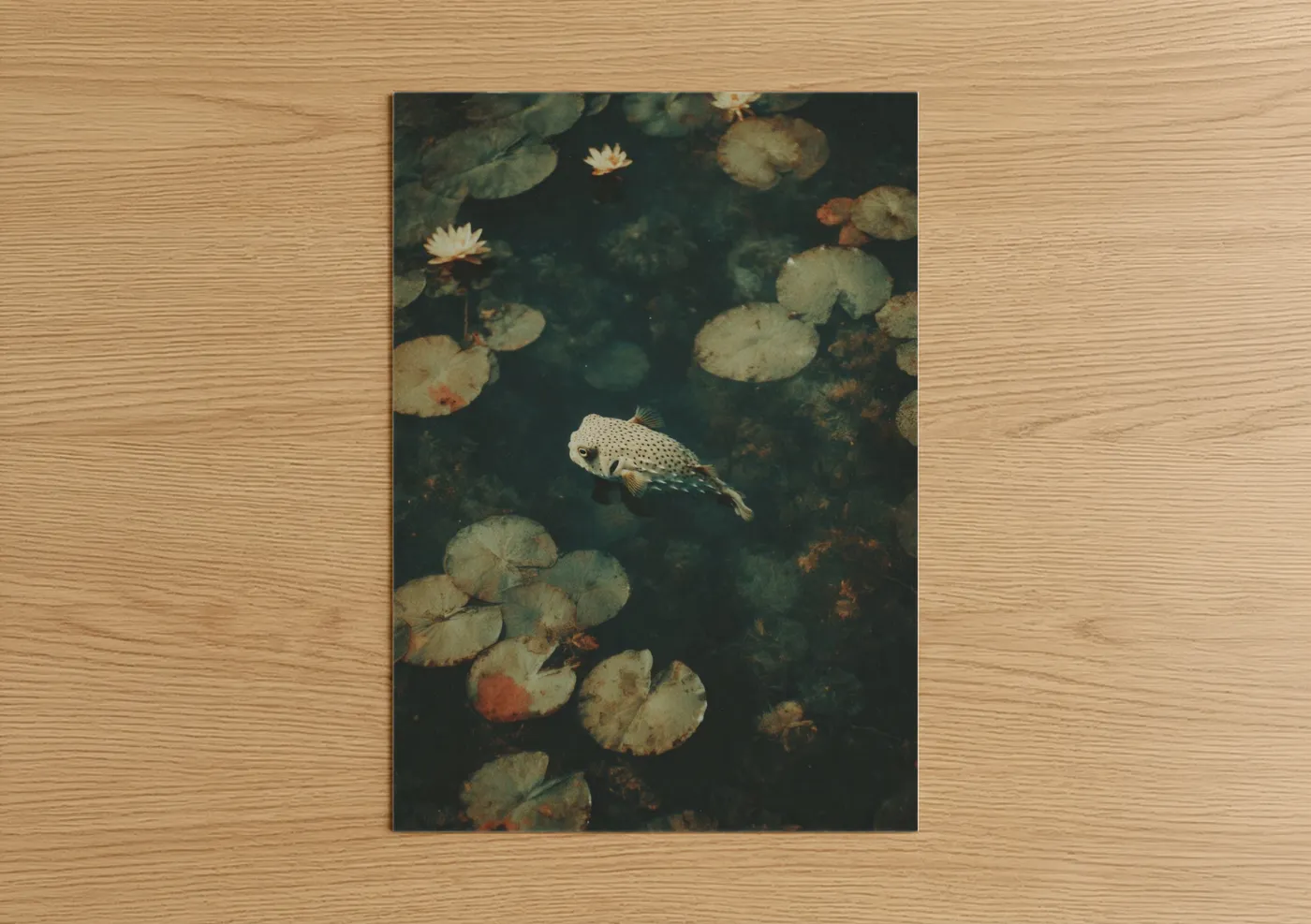Puffer fish art print on warm oak wood — dark green and cream palette — Lily Pad Puffer poster