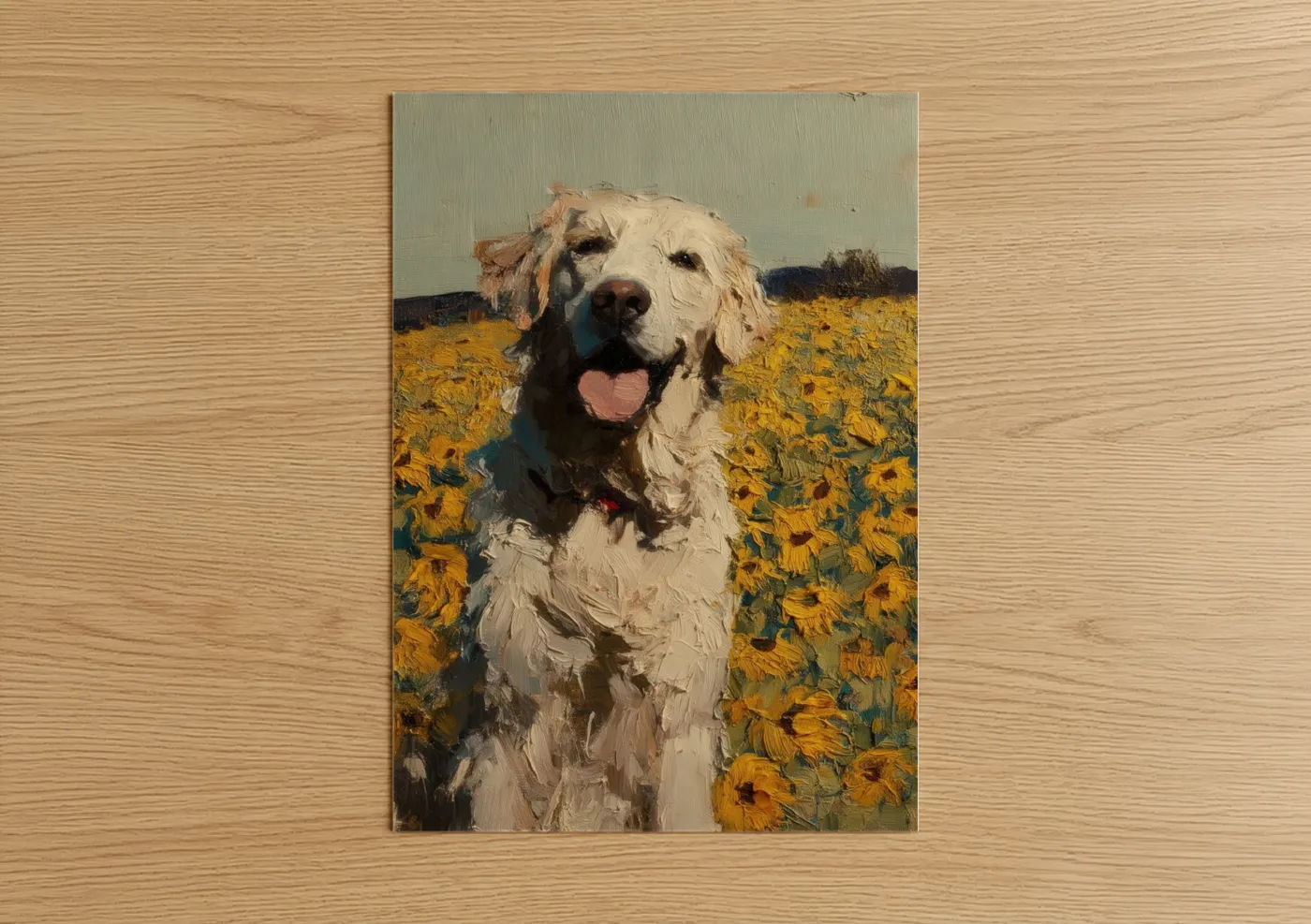 Art print on warm oak wood — yellow gold and cream palette — Sunflower Retriever poster