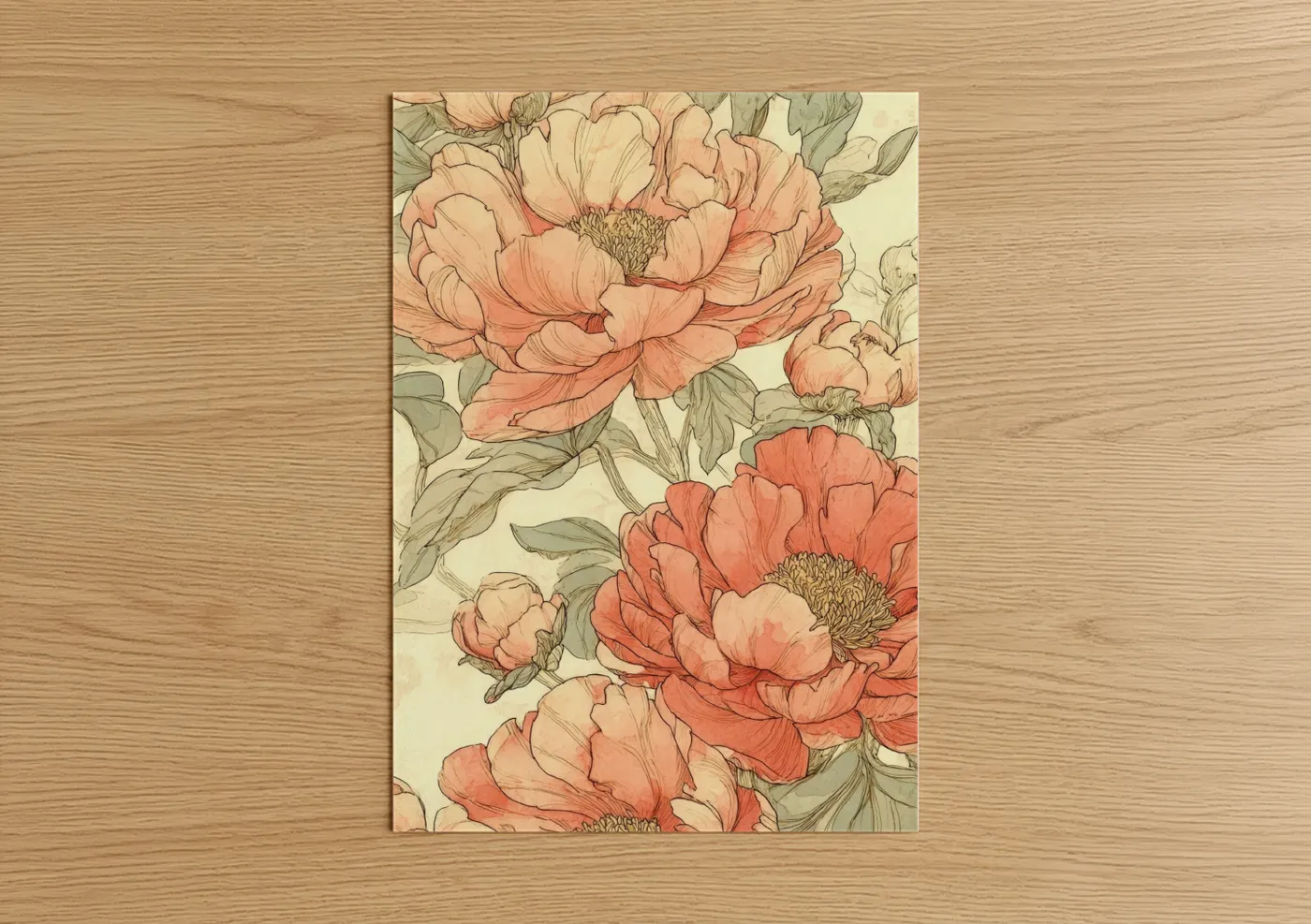 Peachy Peony Blooms Botanical Illustration Wall Art