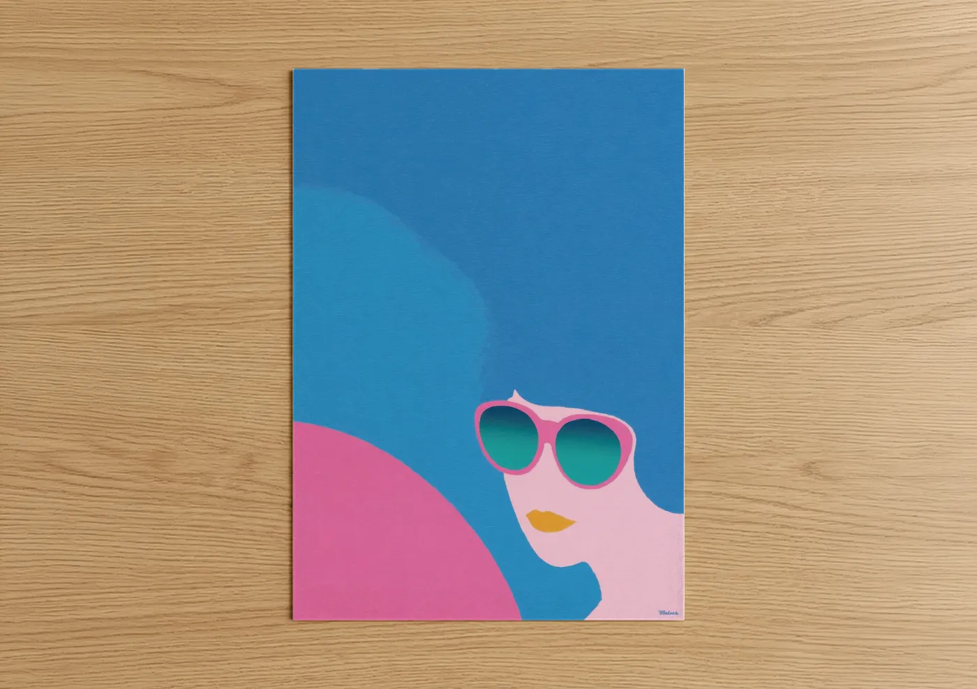 Fashion illustration art print on warm oak wood — blue and pink palette — Retro Sunglasses Portrait poster