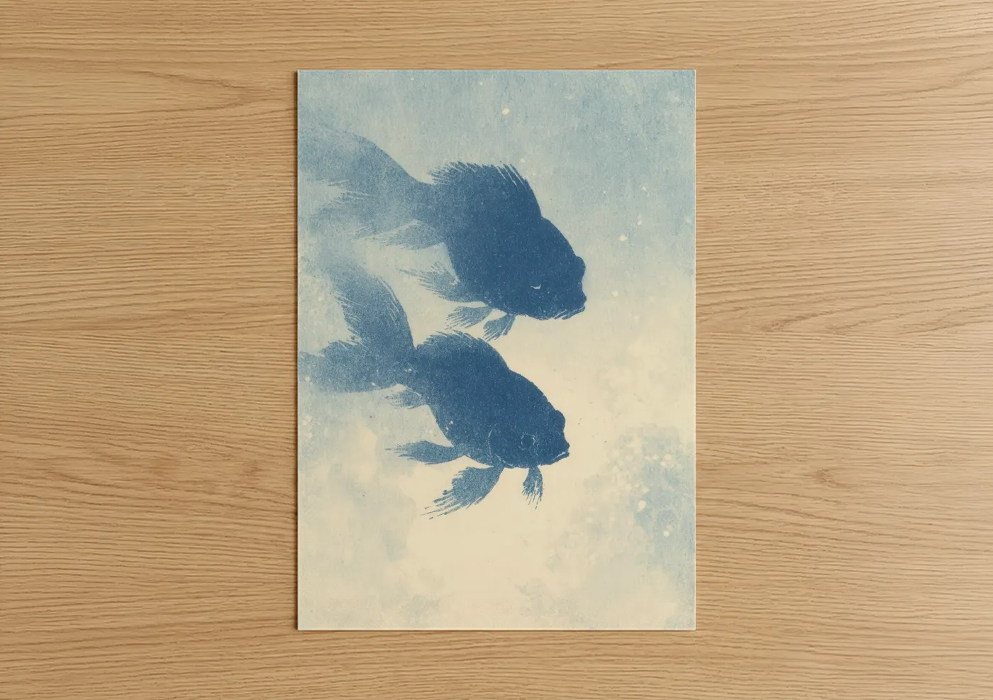 Art print on warm oak wood — blue and white and cream palette — Celestial Pisces poster