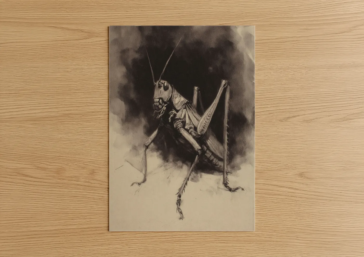 Detailed Grasshopper Charcoal Drawing Wall Art