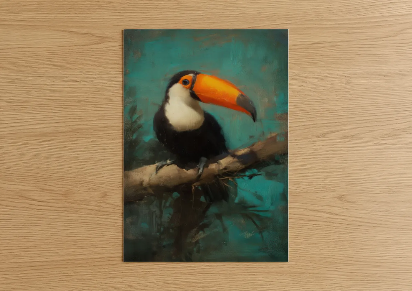 Art print on warm oak wood — teal and orange palette — Tropical Toucan poster