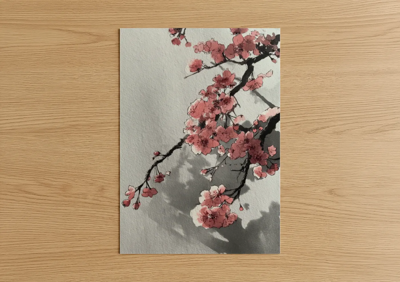 Cherry blossoms art print on warm oak wood — salmon pink and gray and white palette — Blossom Branch poster