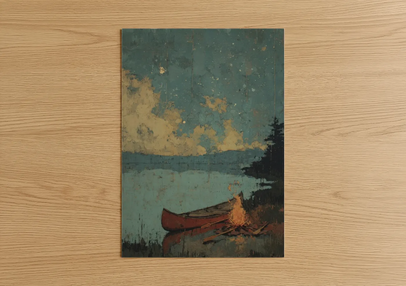 Kayaks and canoes art print on warm oak wood — teal and gold palette — Lakeside Campfire poster