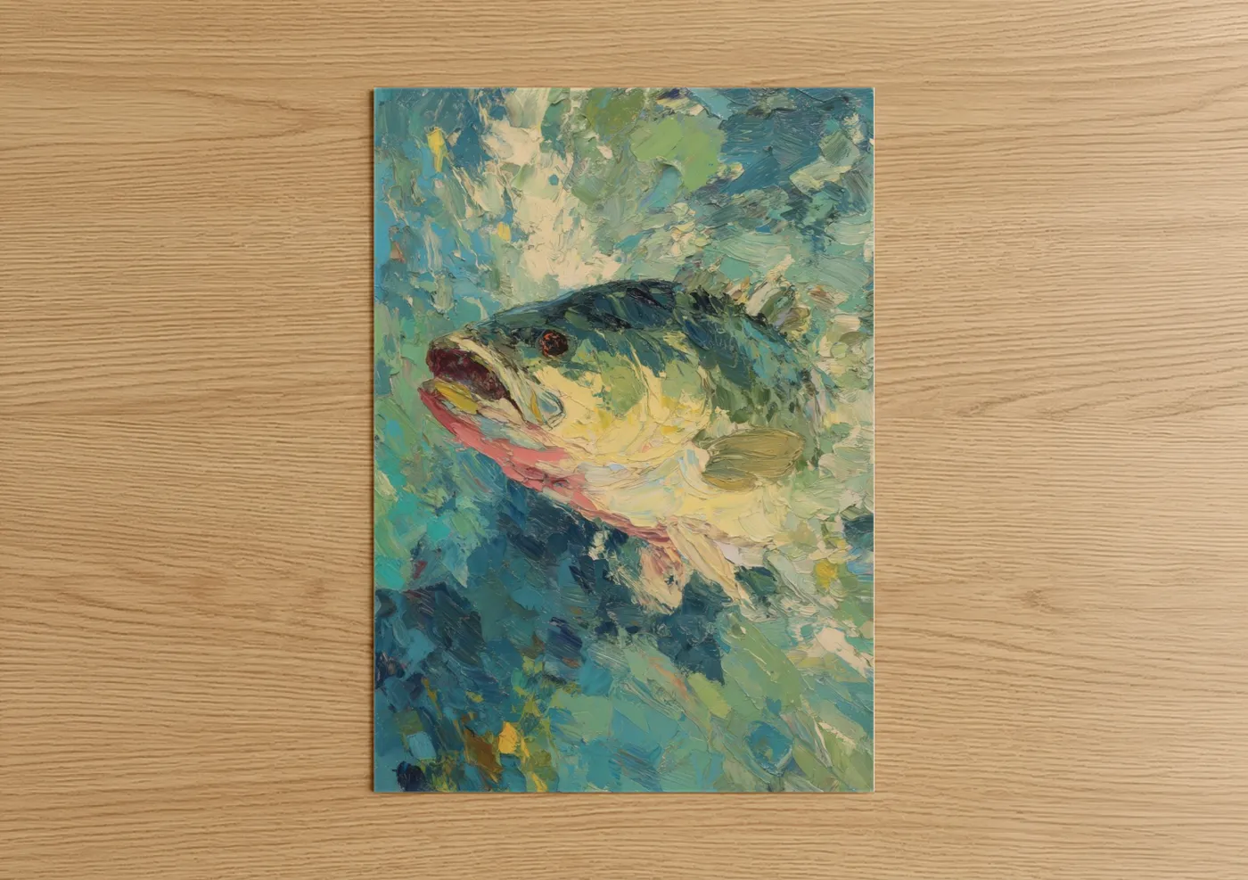 Art print on warm oak wood — turquoise and yellow gold palette — Striking Bass poster