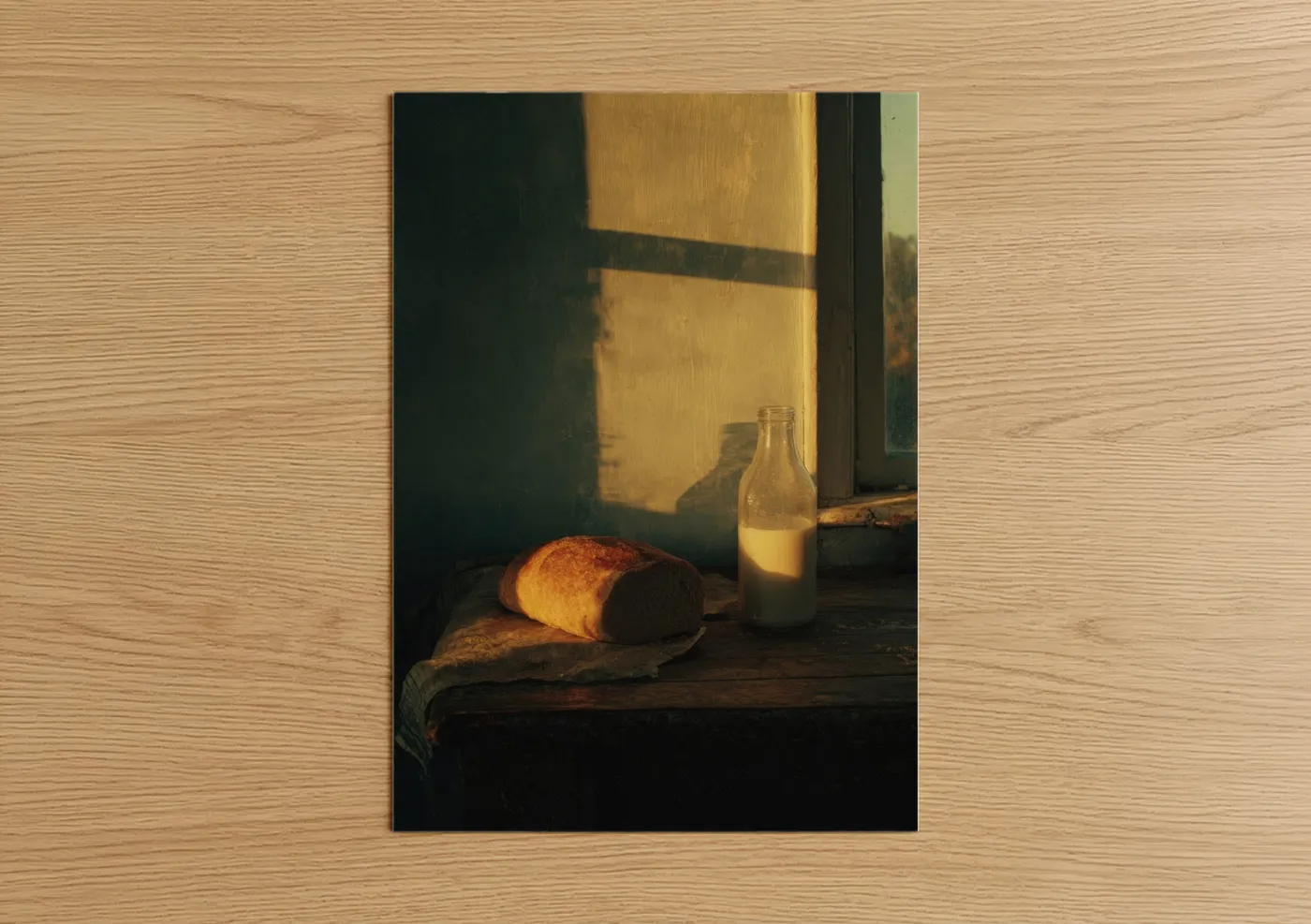 Art print on warm oak wood — gold and dark green palette — Golden Hour Milk poster