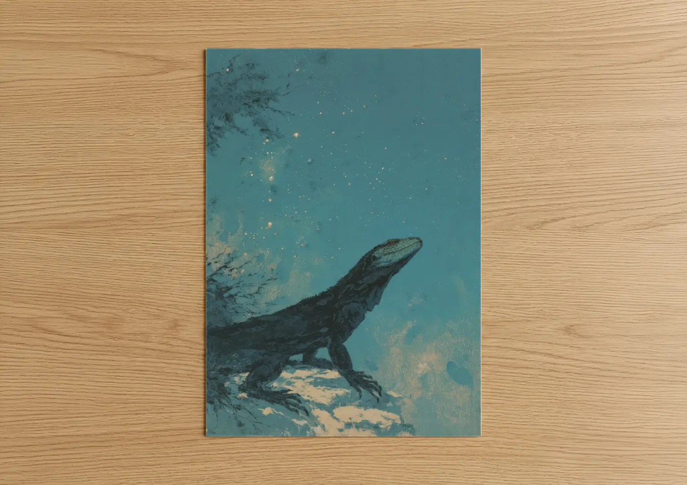 Art print on warm oak wood — teal and gold palette — Celestial Basilisk poster