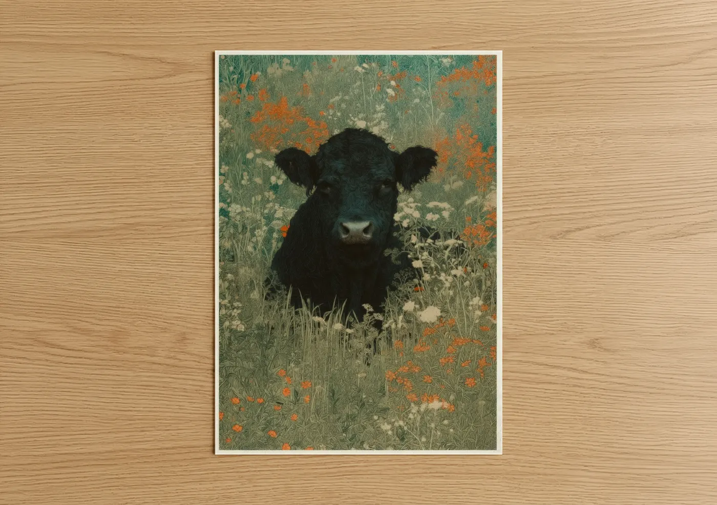 Black Angus Cow Wildflower Field Wall Art