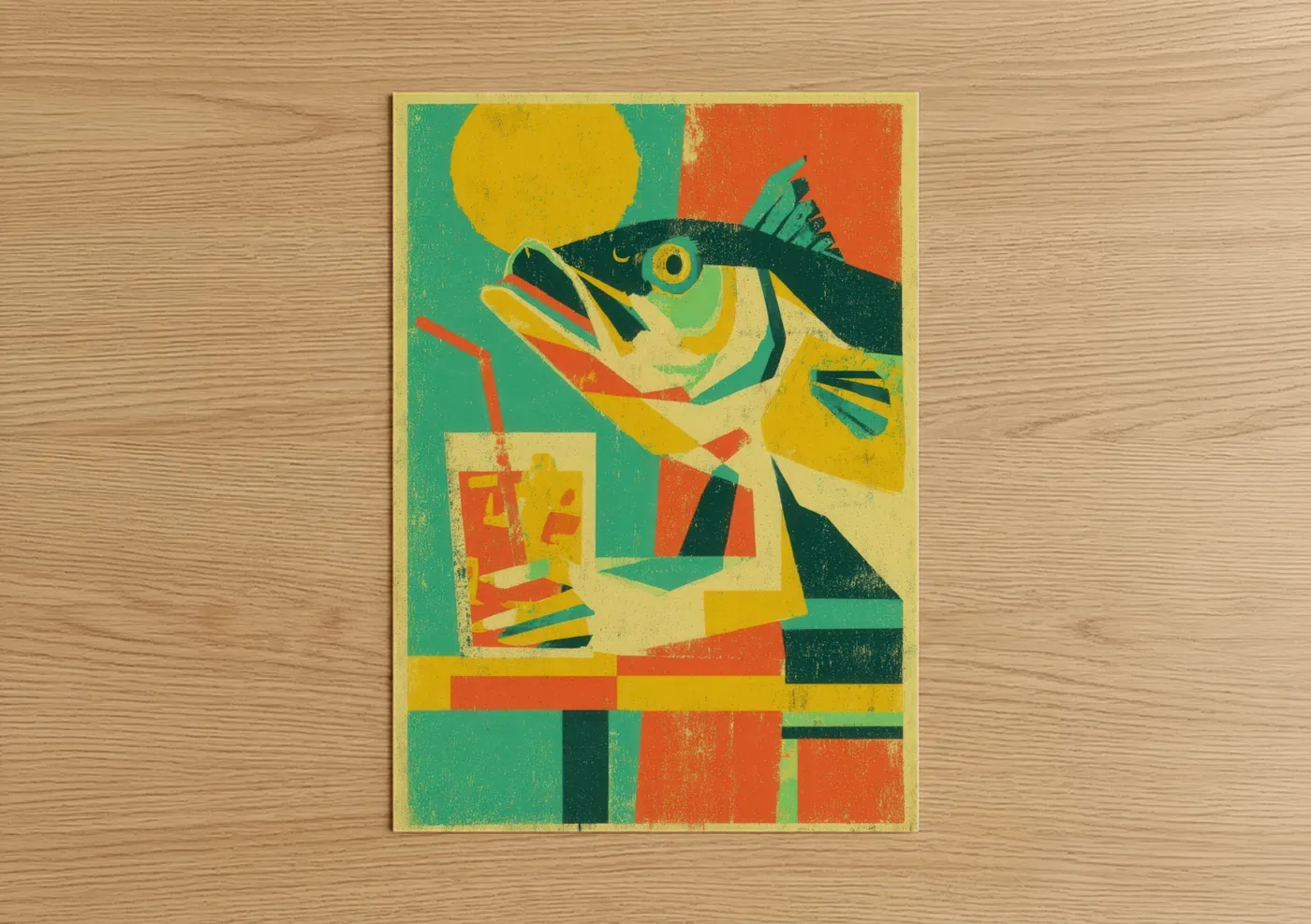 Art print on warm oak wood — yellow gold and teal palette — Golden Snook poster