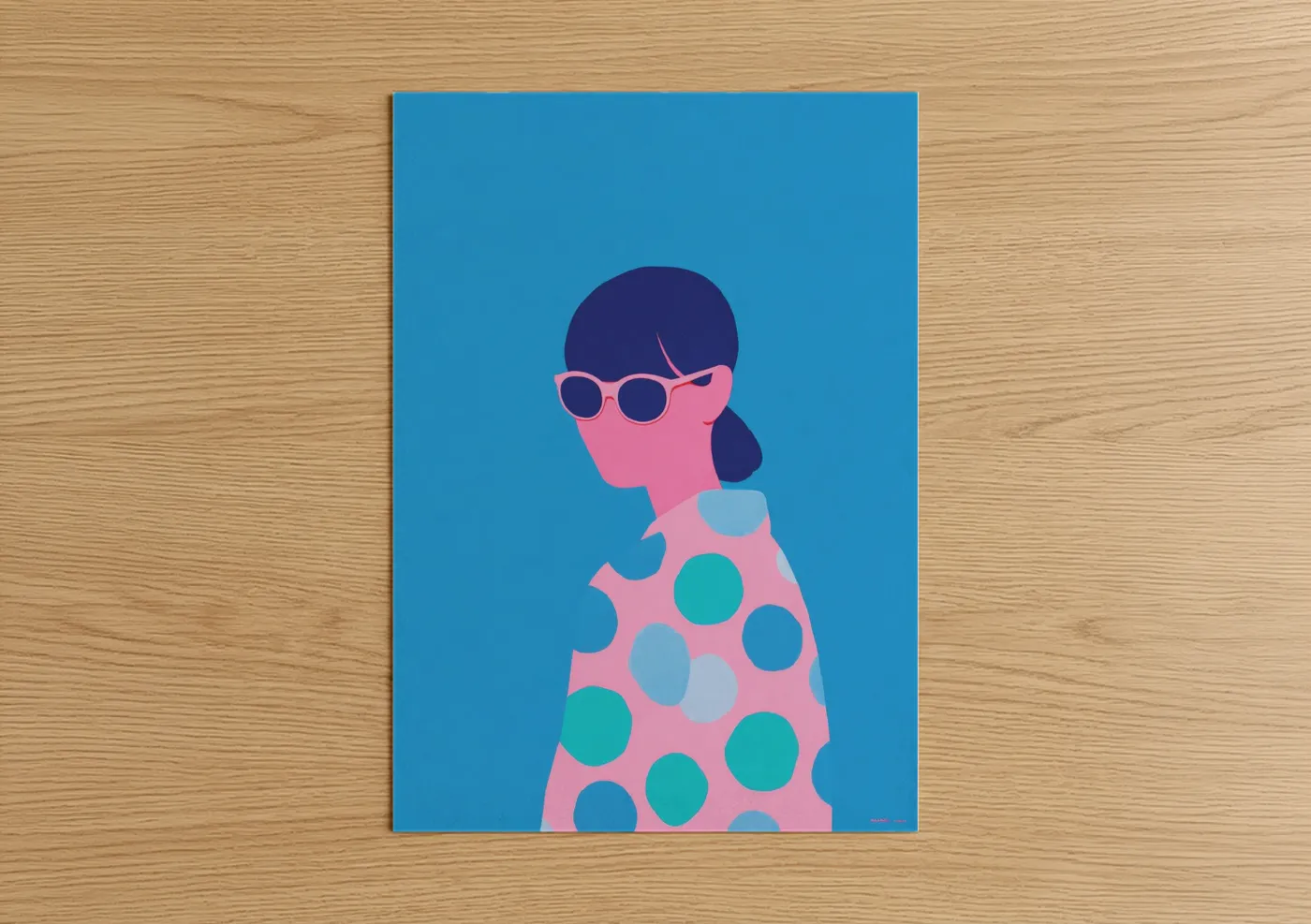 Fashion illustration art print on warm oak wood — blue and pink palette — Polka Dot Fashion poster