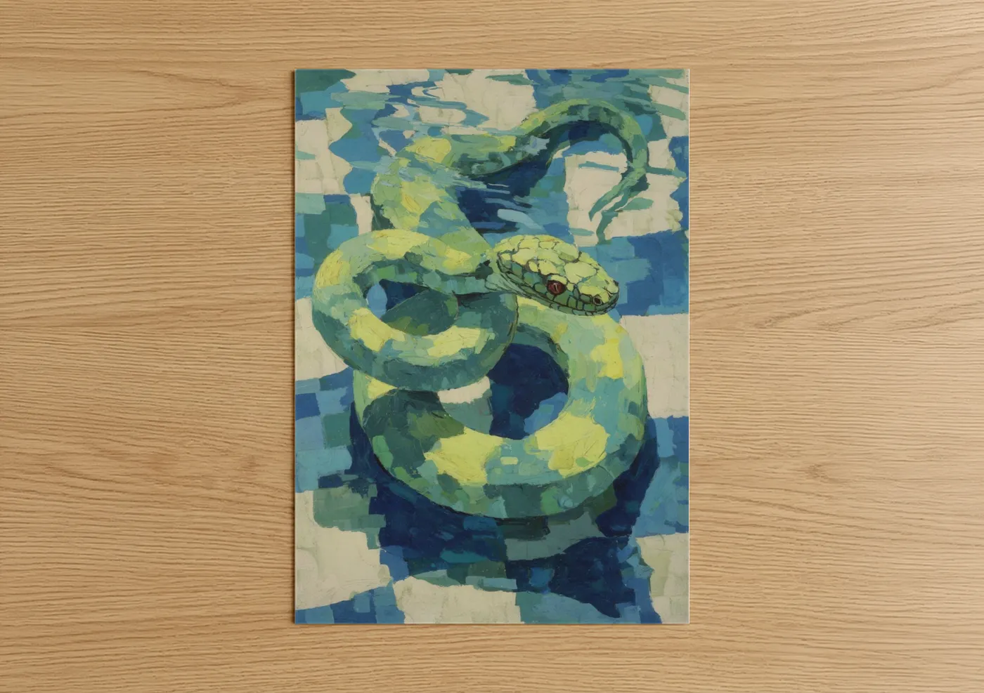 Eels art print on warm oak wood — blue and lime green palette — Green Water Serpent poster