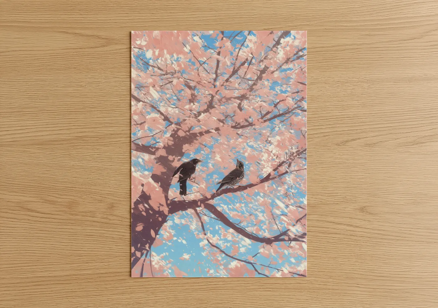 Art print on warm oak wood — peach and blue palette — Blossoming Thrush Pair poster