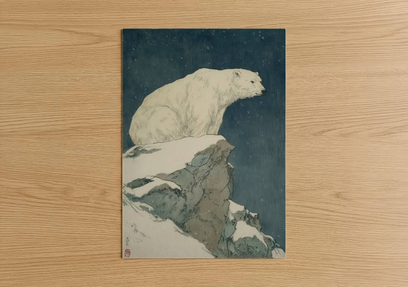 Art print on warm oak wood — dark blue and white palette — Snowy Polar Bear poster
