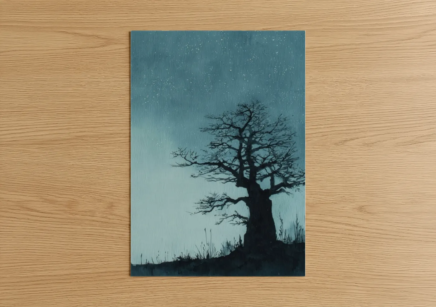 Baobab tree art print on warm oak wood — blue and white and gray palette — Starlit Baobab poster