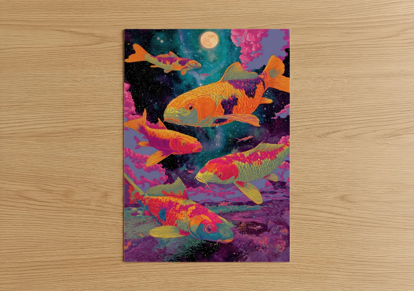 Japanese psychedelic art print on warm oak wood — magenta and gold palette — Psychedelic Koi poster