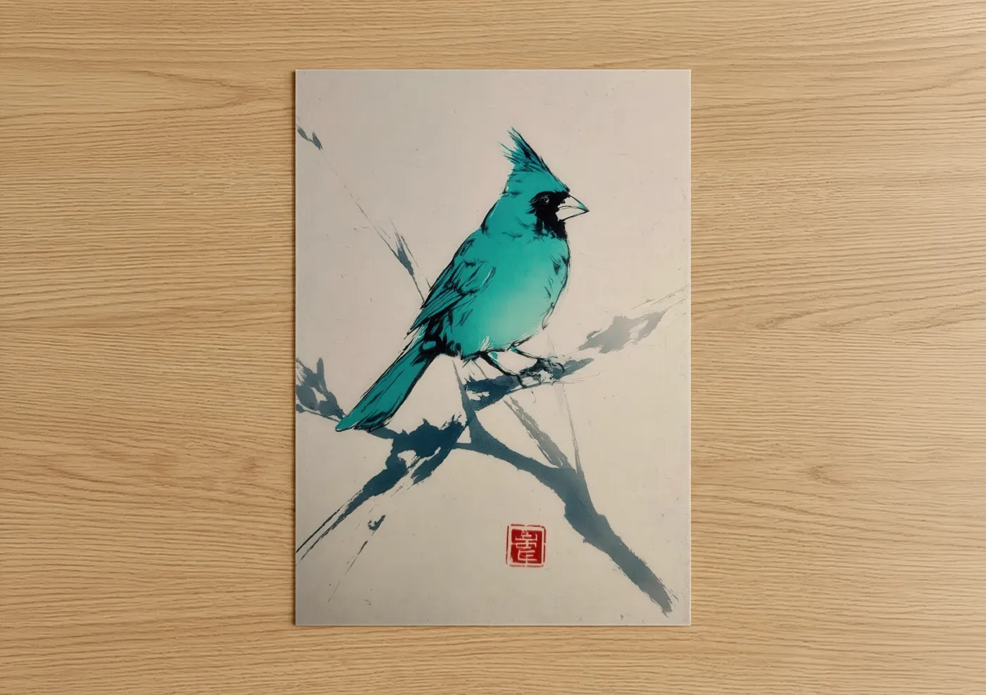 Art print on warm oak wood — turquoise and cream palette — Turquoise Cardinal poster