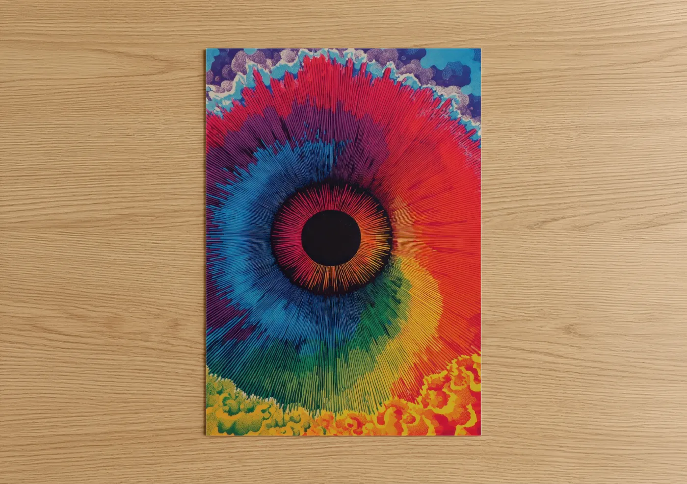Japanese psychedelic art print on warm oak wood — magenta and true green palette — Psychedelic Eye poster