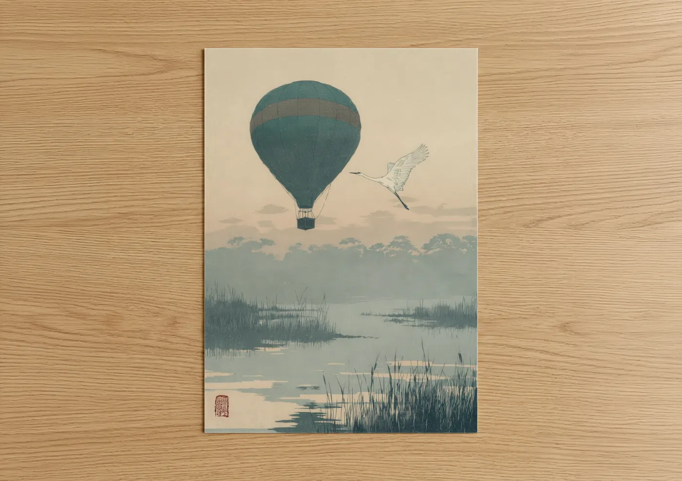 Hot Air Balloon Over Misty Wetlands Wall Art